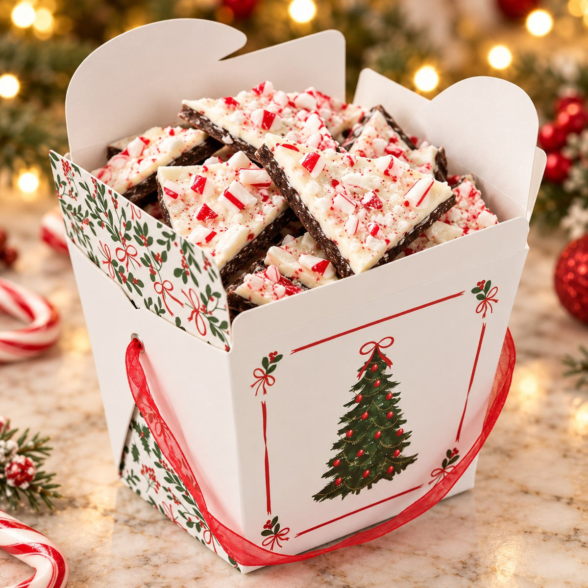 Holiday Tree Gift Box filled with peppermint bark (CT3)