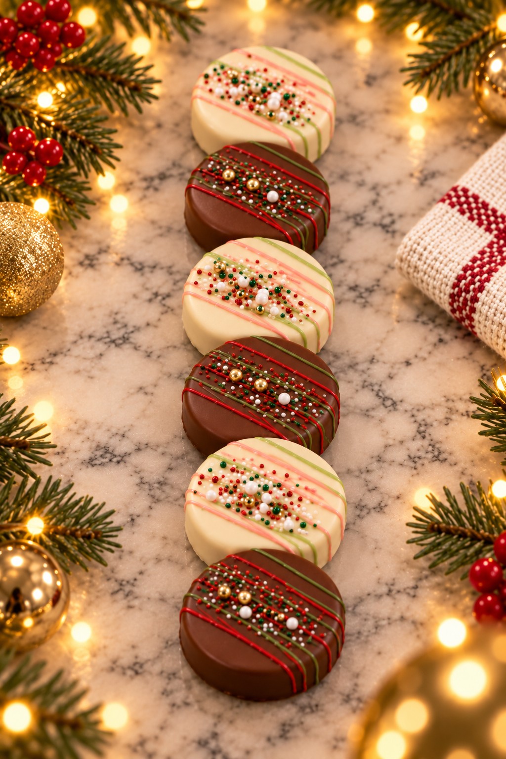 Chocolate-covered Oreos with holiday drizzle
