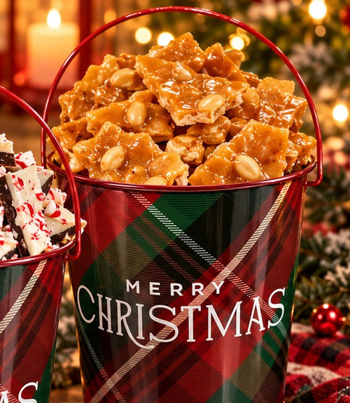 Peanut brittle in a plaid holiday bucket (CT12)