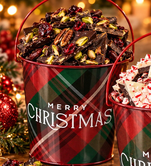 Dark chocolate fruit & nut bark in a plaid holiday bucket (CT12)