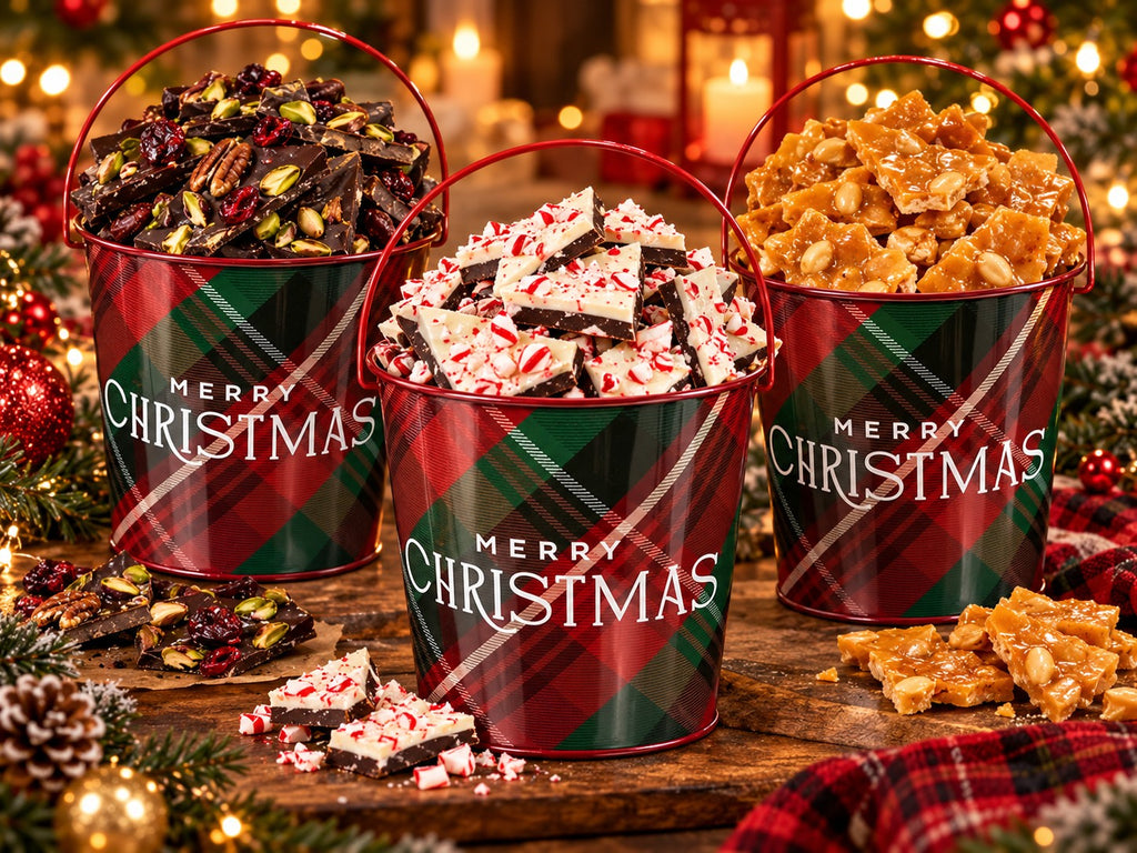 Brittle and bark in plaid holiday buckets (CT12)