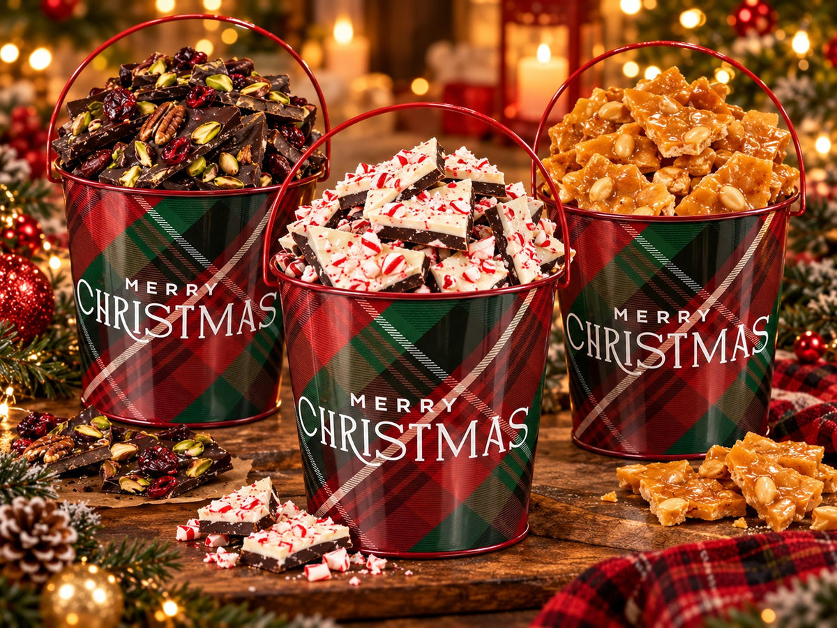 Brittle and bark in plaid holiday buckets (CT12)