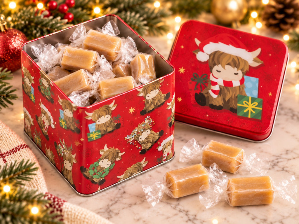 Caramel chews in a holiday tin (CT8)