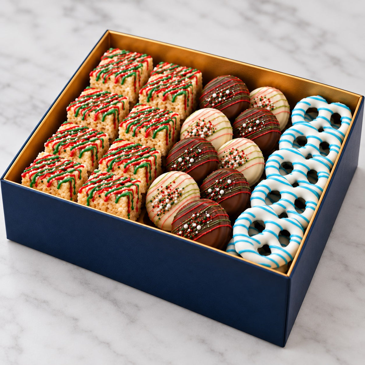 X Large box: crispy rice treats, pretzel knots and chocolate-covered Oreos